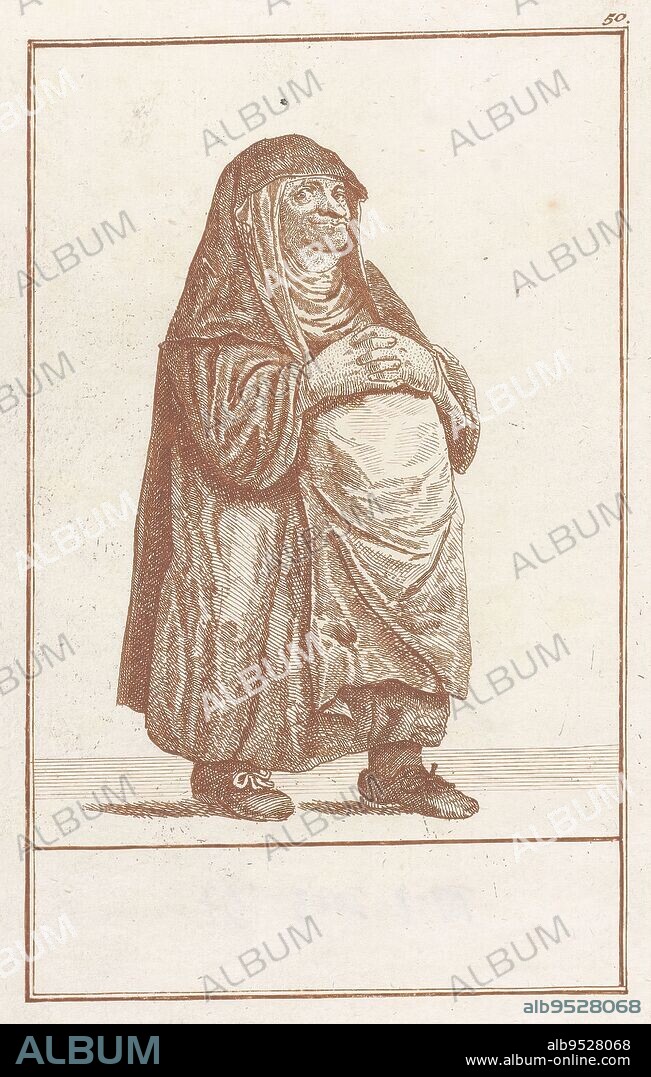 Pregnant Nun, Abuses of the Catholic Clergy (series title), L'Abregé du Faux Clerge Romain (series title), Pregnant Nun, the Hands on the Fat Belly. The print is part of a 50-volume series on the subject of the abuses of the Catholic clergy., print maker: Jacob Gole, (attributed to), after drawing by: Cornelis Dusart, Amsterdam, 1724, paper, etching, height 221 mm × width 188 mm.