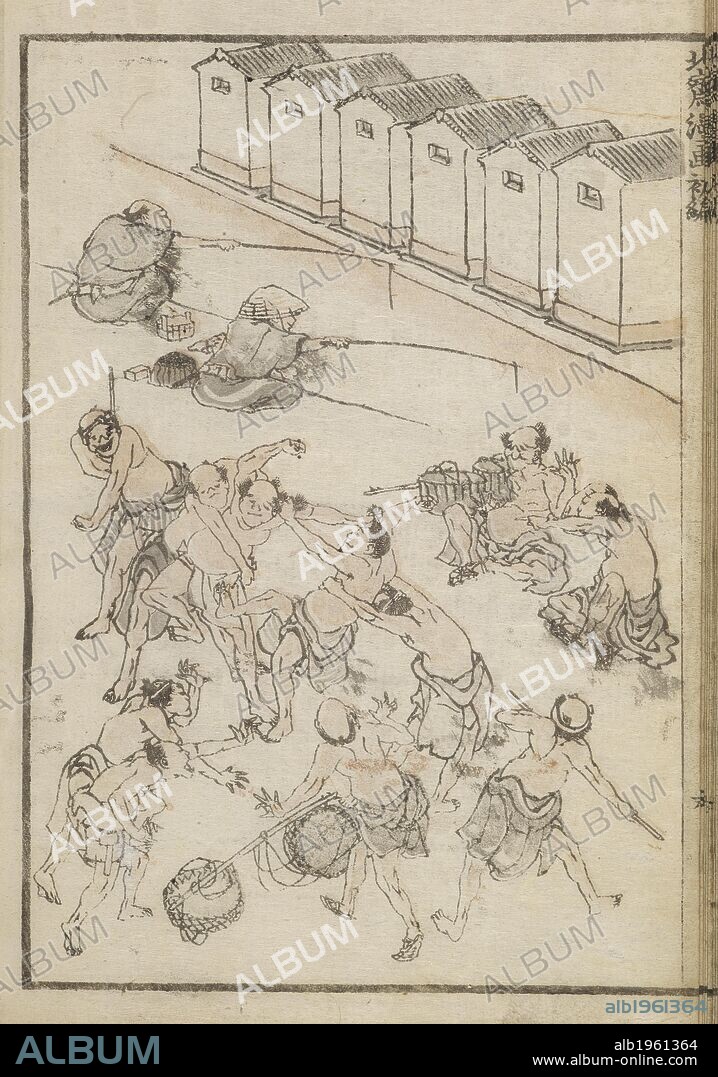 KATSUSHIKA HOKUSAI. Men wrestling and fishing. Hokusai Manga. Edo (Tokyo) , Japan,(1760-1849). Men wrestling and fishing. Image taken from : Hokusai Manga  Originally published/produced in Edo(Tokyo),Japan,1760-1849 . . Source: Or.65.a.43 volume 1,f 6. Language: Japanese.