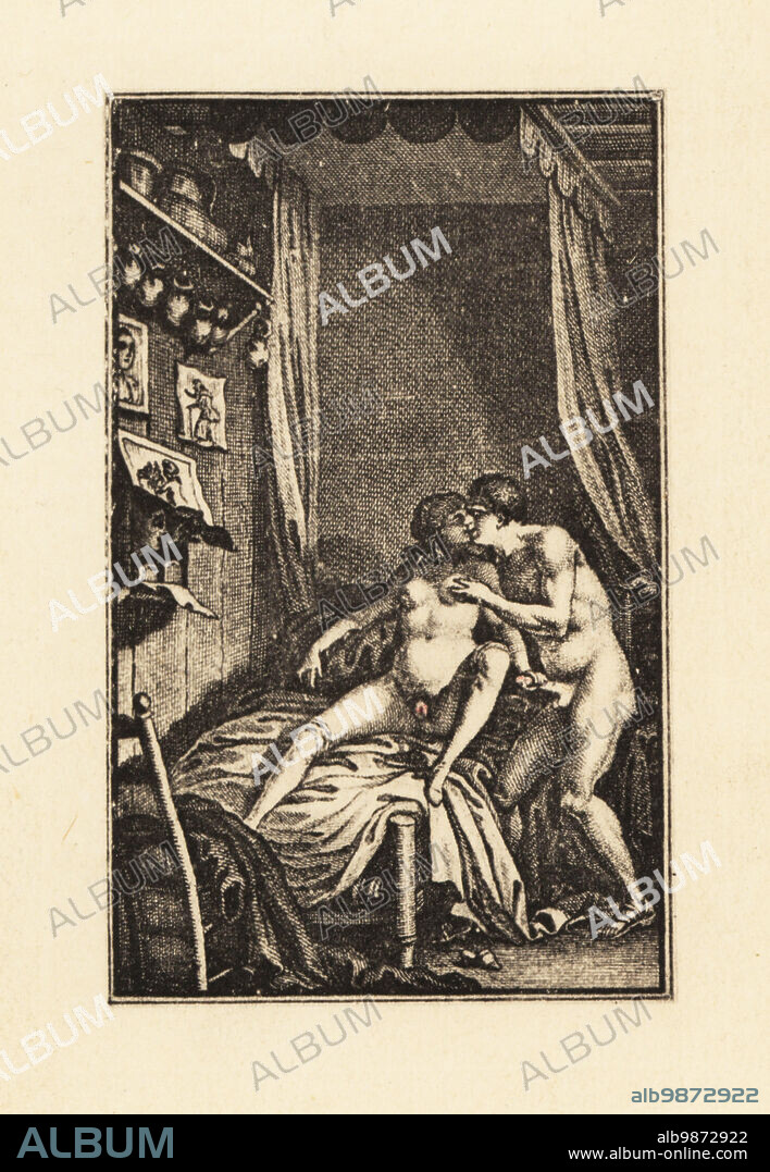 A naked woman masturbating a man on a bed, 18th century. Copperplate engraving or heliogravure by Francois Rolland Elluin after Antoine Borel from Jean-Charles Gervaise de Latouches Memoiren des Saturnin, von ihm selbst Niedergeschreiben, Privatdruck, Liepzig, 1911. Also known as Le Portier des Chartreux, it was one of several erotic novels written by Latouche, 1715-1782, a lawyer at the Paris Parliament.