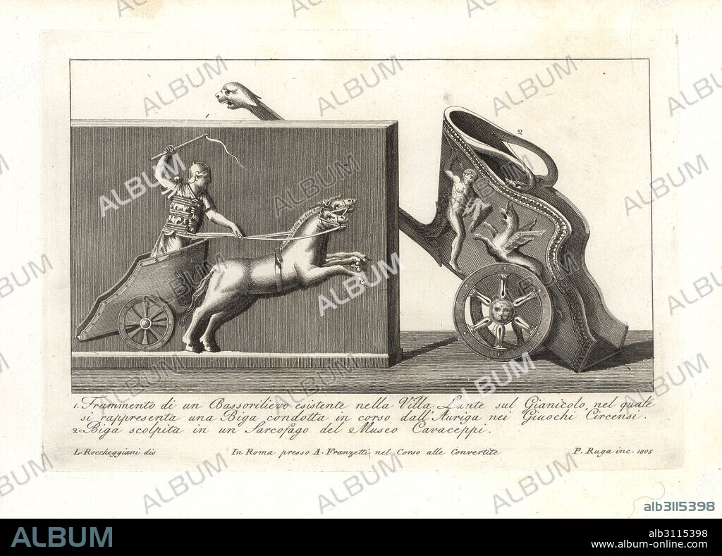 Roman charioteer (Auriga) driving a two-horse chariot (Biga) in the Giuochi Circus from a fragment of a basrelief from a villa on the Janiculum 1, and a chariot carved on a sarcophagus in Cavaceppi Museum 2. Copperplate engraving by Pietro Ruga after an illustration by Lorenzo Rocceggiani from his own 100 Plates of Costumes Religious, Civil and Military of the Ancient Egyptians, Etruscans, Greeks and Romans, Franzetti, Rome, 1802.