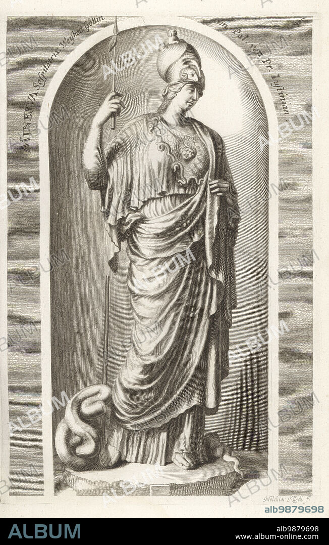 Minerva Giustiniani or Athena Giustiniani, in Corinthinian helmet, chiton and himation, with aegis and gornoneion on her breast, holding a spear. Roman marble statue of Pallas Athena, based on an ancient Greek bronze sculpture. In the Galleria Giustiniana, now in the Vatican. Copperplate engraving by Melchior Kusell after an illustration by Joachim von Sandrart from his LAcademia Todesca, della Architectura, Scultura & Pittura, oder Teutsche Academie, der Edlen Bau- Bild- und Mahlerey-Kunste, German Academy of Architecture, Sculpture and Painting, Jacob von Sandrart, Nuremberg, 1675.