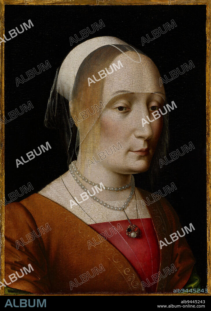 Portrait of a Young Woman, 15th century, Benedetto Ghirlandaio, Italian, (Florence), 1458 - 1497, 16 13/16 x 11 3/4 in. (42.7 x 29.85 cm) (sight)17 3/8 x 12 3/8 x 1/4 in. (44.13 x 31.43 x 0.64 cm) (panel), Oil on panel (not tested), Italy, 15th century, This portrait of a prim blond lady is a mystery. It seems Italian, but the sitter possesses some northern European qualities. The headdress, although lacking a tall cone, is inspired by northern fashions, and the jewel is likely Flemish, although it is wornsuspended from a pearl necklacein a Florentine manner. Her high forehead and plucked hairline and eyebrows reflect conventions of feminine beauty on both sides of the Alps. Yet her straight hair, worn framing her face, is closer to Italian taste. Her winter dressa golden surcoat over a red gamurra with green sleevesis also decidedly Italian, as is the choice of silk (rather than velvet or fur) . And the lace decoration, an eagle with open wings and a cross, can be traced to Italian embroidery models. The gems in her pendant are symbolic: diamond for strength, ruby for love, and pearl for fertile chastity. Perhaps the jewel was a nuptial gift, and she is a bride (although the low veil may signify widowhood).