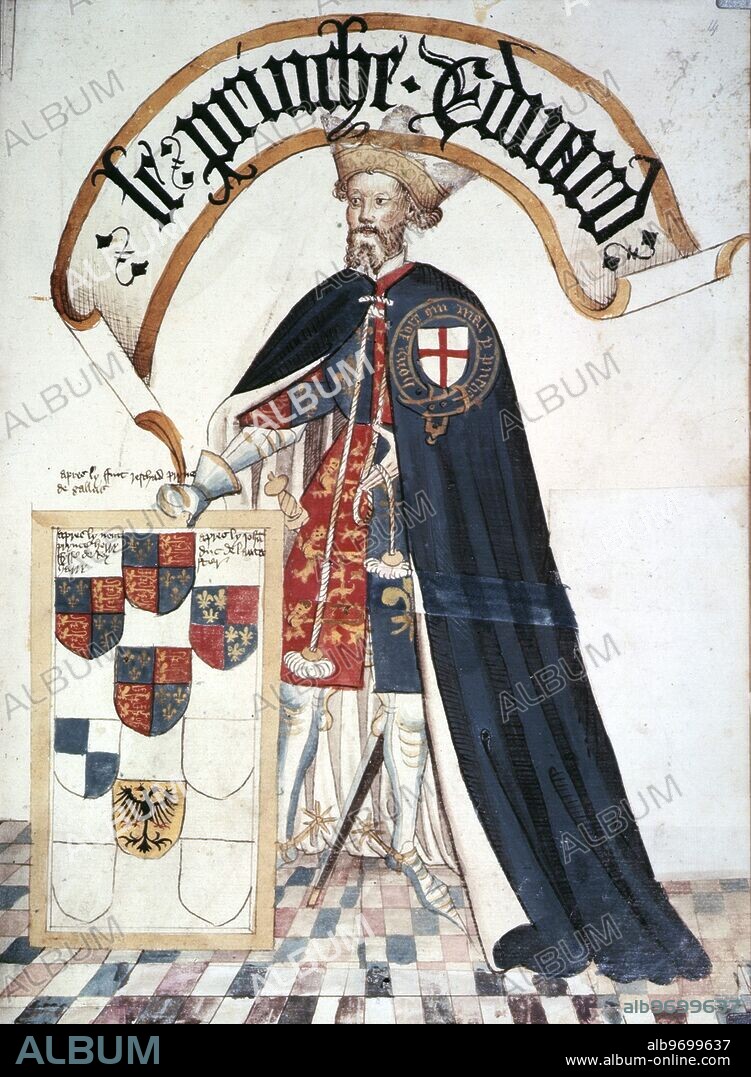 Edward, the Black Prince, (c1440-1450). Portrait of Edward, Prince of Wales (1330-1376), a Knight Founder of the Order of the Garter. He is wearing a blue Garter mantle over plate armour, and surcoat with his personal arms. A framed tablet displays painted arms of successors in his Garter stall at St George's Chapel, Windsor. From William Bruges's Garter Book.