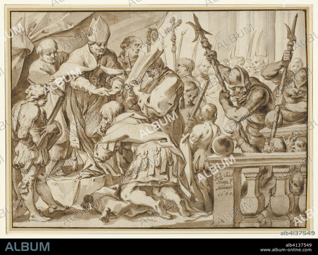 JOHANN CHRISTOPH STORER. Coronation of Otto the Great in the Church of Saint'Ambrogio, Milan. Johann Christophorous Storer; German, 1620-1671. Date: 1650. Dimensions: 230 × 311 mm (primary support); 241 × 323 mm (secondary support). Pen and brown ink, brush and brown wash, with graphite, on cream laid paper, incised for transfer with graphite, laid down on cream paper, laid down on cream board edged with gold. Origin: Germany.