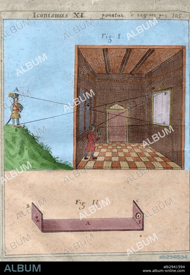 History of Photography. Camera obscure. Magia Naturalis Sive de Miraculis Rerum Naturalium (1558) by Giambattista della Porta (1535-1615). Engraving. Edition of 1659. Library of Catalonia. Barcelona. Spain. Colored.