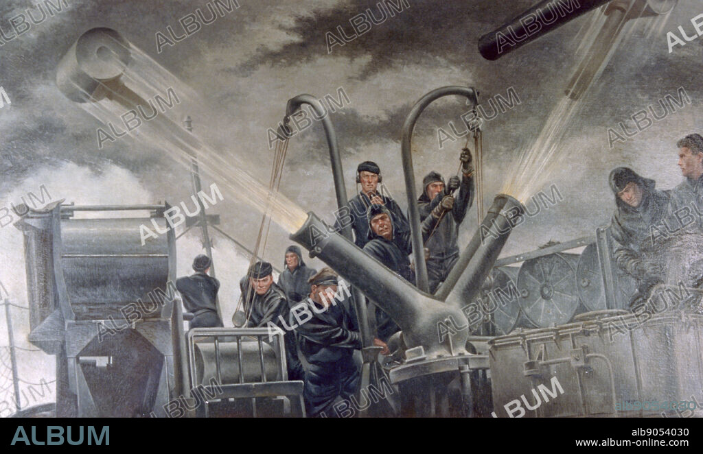 World War II 1939-1945: 'Tossing the Cans - Atlantic Patrol', 1941. Tom Lea (1907-2001) American painter. Naval gunnery crew firing depth charges. German submarines took a heavy toll of Allied shipping in the Atlantic.