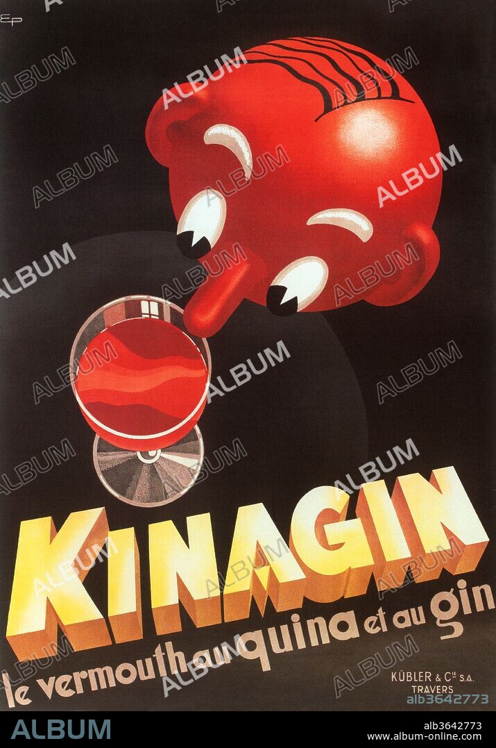 The Kinagin Poster is a superbly stylized Art Deco poster from 1941, Switzerland. Every bit of the image is crafted from simple geometry, with an alluring bird’s-eye-view perspective and pop of red to add a bit of fun to an otherwise very structured piece. Kinagin itself was considered a craft cocktail back then, blending Vermouth, Gin, and a then-popular digestive aide call Quinide., E. Patke, 1941.