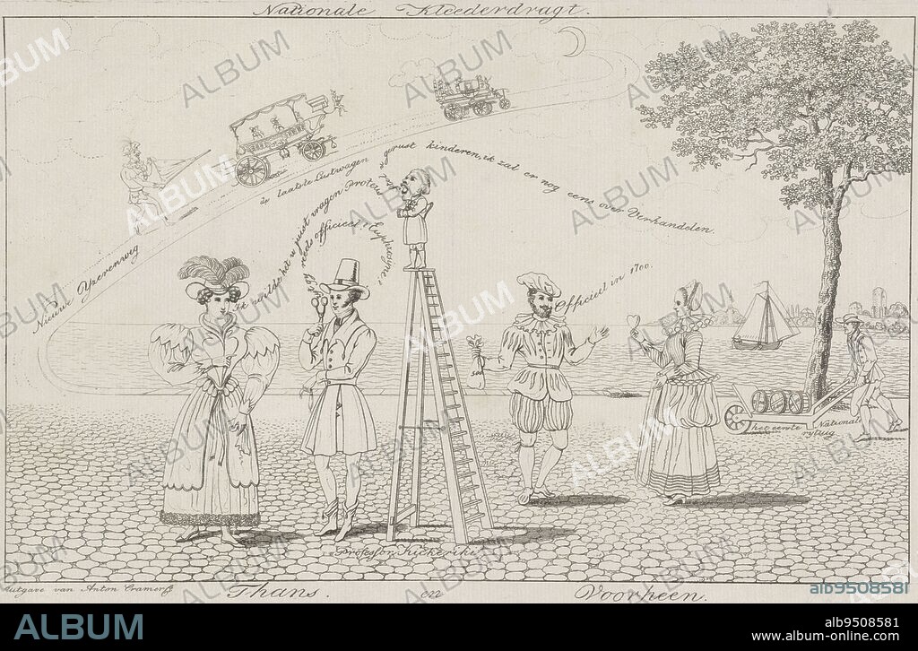 Failed national Dutch costume, 1831, anonymous, 1831, Cartoon on the failed attempts of the Amsterdam poet and sugar refiner W.H. Warnsinck to introduce a national Dutch costume during the Belgian Revolt, July 10, 1831. Street scene in which a man and a woman dressed according to new proposals ask each other if they are official yet. At the top of a staircase a small man shouting 'Professor Kickeriki' (= Warnsinck). Through the air runs up the 'New Iron Road' over which a steam-driven diligence and the 'Last Lustwagen' (last coach), blown by a bellows, drive towards the moon., print maker: anonymous, publisher: Anton Cramer en Co, (mentioned on object), print maker: Netherlands, publisher: Amsterdam, 1831, paper, etching, h 195 mm × w 298 mm.