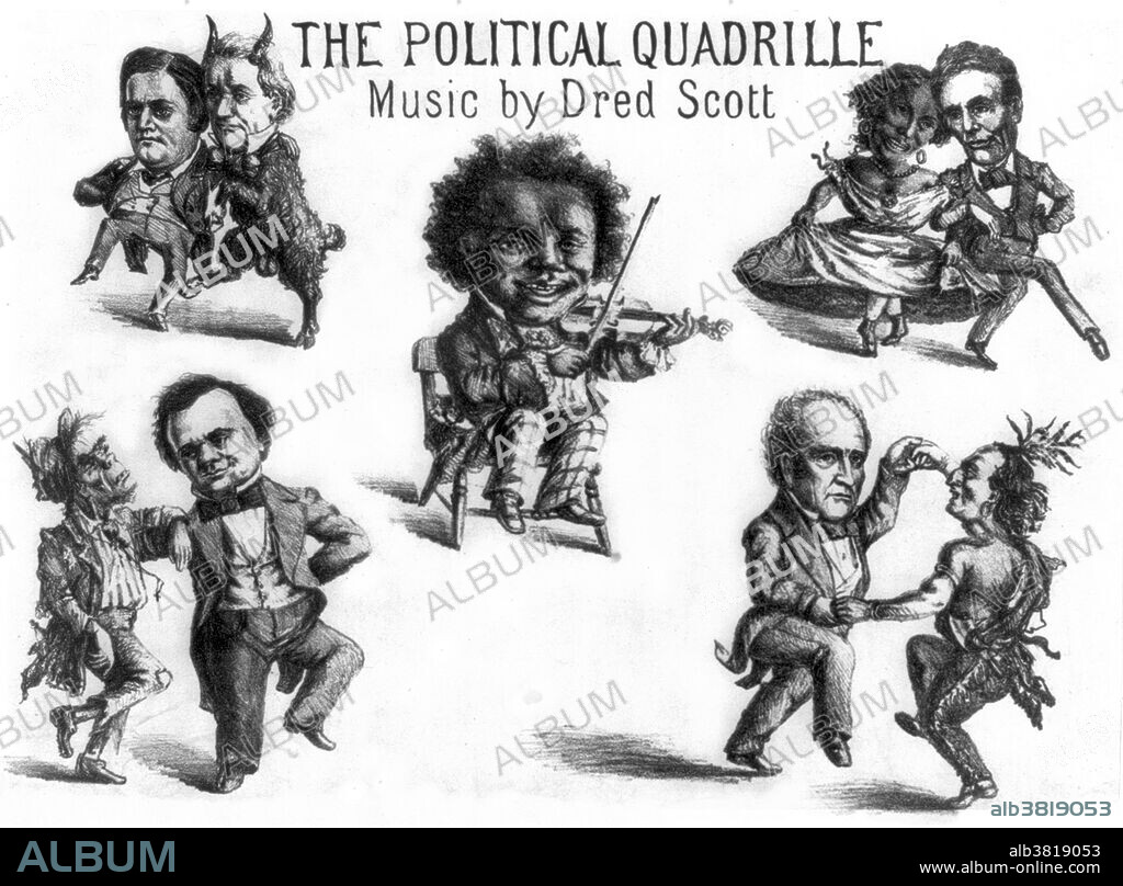 Entitled: "The political quadrille. Music by Dred Scott." A general parody on the 1860 presidential contest, highlighting the impact of the Dred Scott decision on the race. That controversial decision, handed down in 1857 by Chief Justice Roger Taney, ruled that neither the federal government nor territorial governments could prohibit slavery in the territories. The burning question of the future of slavery in the US was addressed by several of the contenders during the 1860 race. Here the four presidential candidates dance with members of their supposed respective constituencies. The music is fiddled by Dred Scott. In the upper left is Democrat John Breckinridge. He is paired with Democratic incumbent and ally James Buchanan, depicted as a goat, At the upper right Republican Abraham Lincoln prances arm-in-arm with a black woman. At lower right Constitutional Union party candidate John Bell dances with an Indian brave. This pairing is puzzling but may allude to Bell's brief flirtation with Native American interests. At lower left Stephen Douglas dances with a ragged Irishman, intended as a reference to his backing among Irish immigrants and allegations of the candidate's Catholicism.