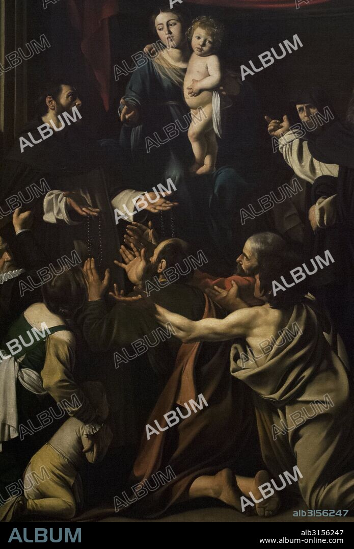 ARTE BARROCO. ITALIA. CARAVAGGIO (Michelangelo Merisi o Amerigi) (Caravaggio, 1573-Port'Ercole, 1610). Pintor italiano de la escuela lombarda, introductor del tenebrismo. "Madonna del Rosario, 1604-05" (Virgen del Rosario). Oleo sobre tela. 364x249 cm. Museo de Historia del Arte (Kunsthistorisches Museum). Viena. Austria. Detalle.