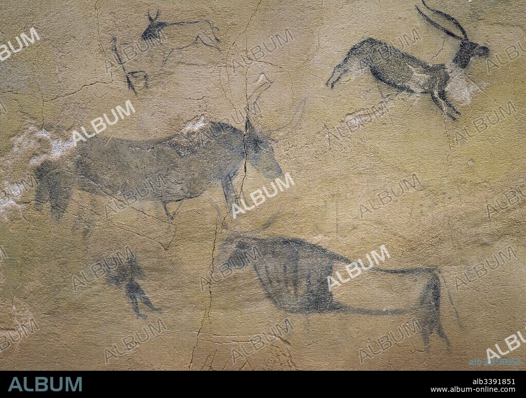Prehistoria. Pinturas rupestres de la "Cova del Moro", descubiertas en 1908. Se atribuyen al llamado grupo de "Pintores de les Serres". Pinturas en rojo y negro representando cerca de cuarenta y cinco figuras humanas y animales. Escena de grandes bóvidos en el centro del friso. El Cogul. Provincia de Lleida. Comarca de les Garrigues. Cataluña.