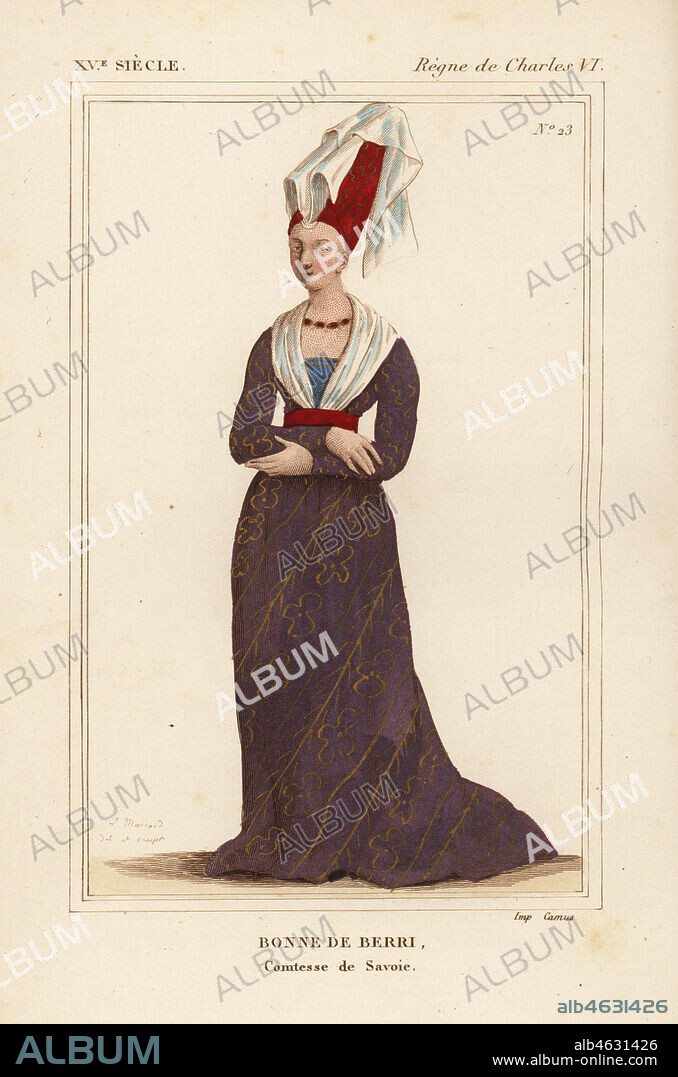Bonne of Berry, countess of Savoy, Bonne de Berry, comtesse de Savoie, daughter of Jean de France, d. 1434. Handcoloured lithograph by Leopold Massard after a painting in Roger de Gaignieres' portfolio V 6 from Le Bibliophile Jacob aka Paul Lacroix's Costumes Historiques de la France (Historical Costumes of France), Administration de Librairie, Paris, 1852.