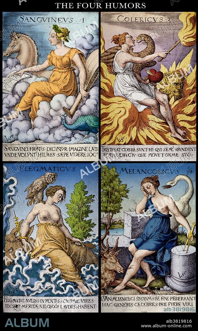 The Four Humors. Humorism was an ancient theory of medicine that held that an excess or deficiency of any of four distinct bodily fluids, or 'humors', directly influences a person's temperament and health. From Hippocrates onward, the humoral theory was adopted by Greek, Roman and Persian physicians, and became the most commonly held view of the human body among European physicians until the advent of modern medical research in the nineteenth century. The four humors are black bile, yellow bile, phlegm, and blood. Each corresponds to one of the traditional four temperaments or personality types: sanguine (pleasure-seeking and sociable), choleric (ambitious and leader-like), melancholic (analytical and literal), and phlegmatic (relaxed and thoughtful). Engraving by Virgilius Solis, the Elder, 16th century. This image has been color-enhanced.