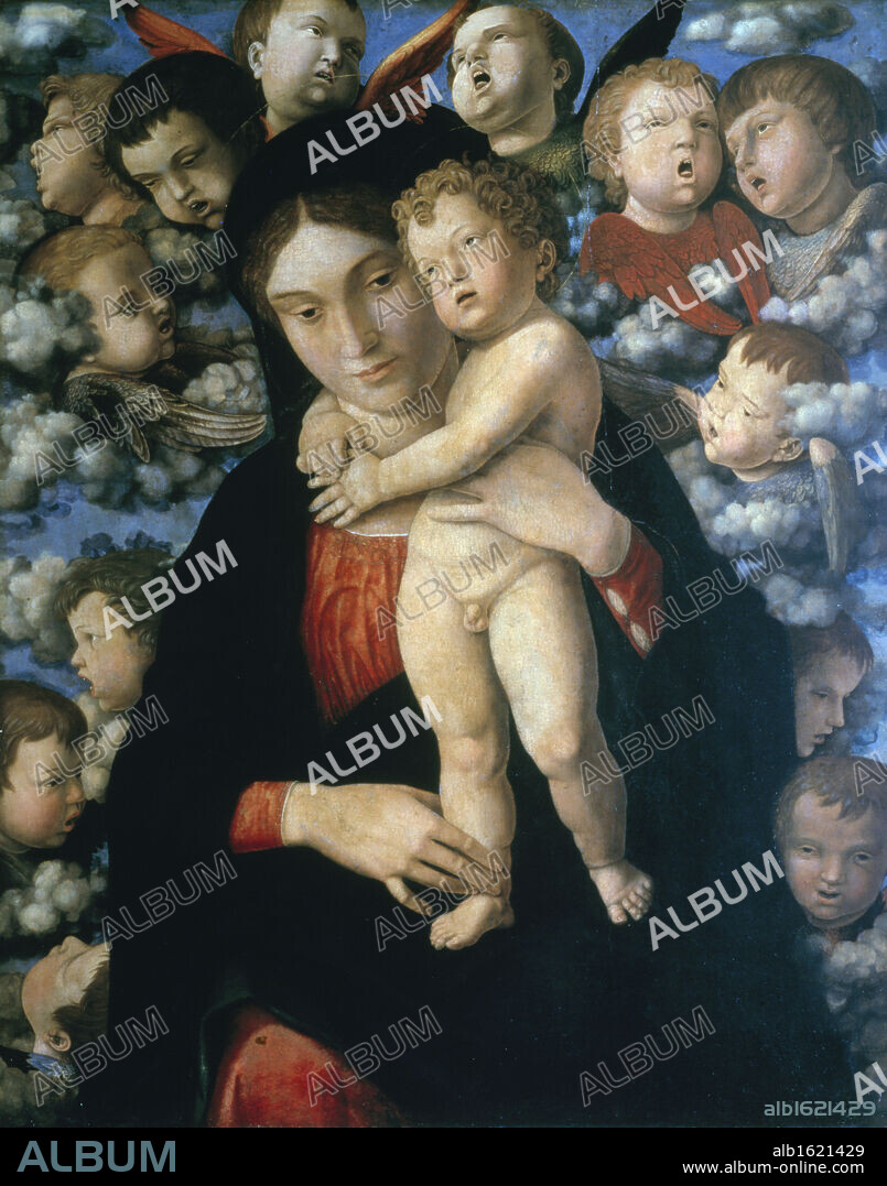 Madonna and child with cherubs,  by Andrea Mantegna,  tempera on wood panel,  (1431-1506),  Italy,  Milan,  Pinacoteca di Brera.