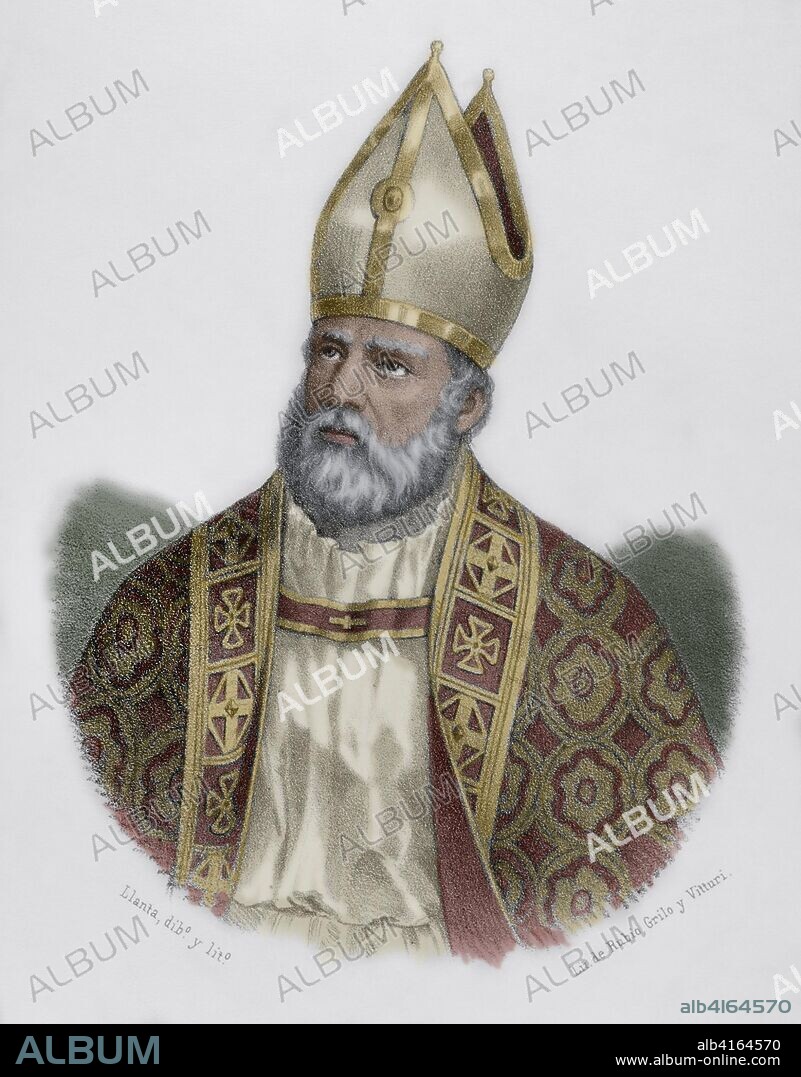 San Fulgencio (Siglo VI-630). Obispo hispano del siglo VI. Uno de los Cuatro Santos de Cartagena. Obispo de Ecija. Dibujo por Llanta. Litografía. Coloreada. Retrato. Crónica General de España, Historia Ilustrada y Descriptiva de sus Provincias. Región de Murcia, 1870.