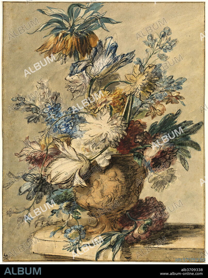 JAN VAN HUYSUM. Bouquet of Spring Flowers in a Terracotta Vase. Dated: 1720s. Dimensions: sheet: 39.6 x 30.7 cm (15 9/16 x 12 1/16 in.). Medium: oiled charcoal and watercolor on laid paper.