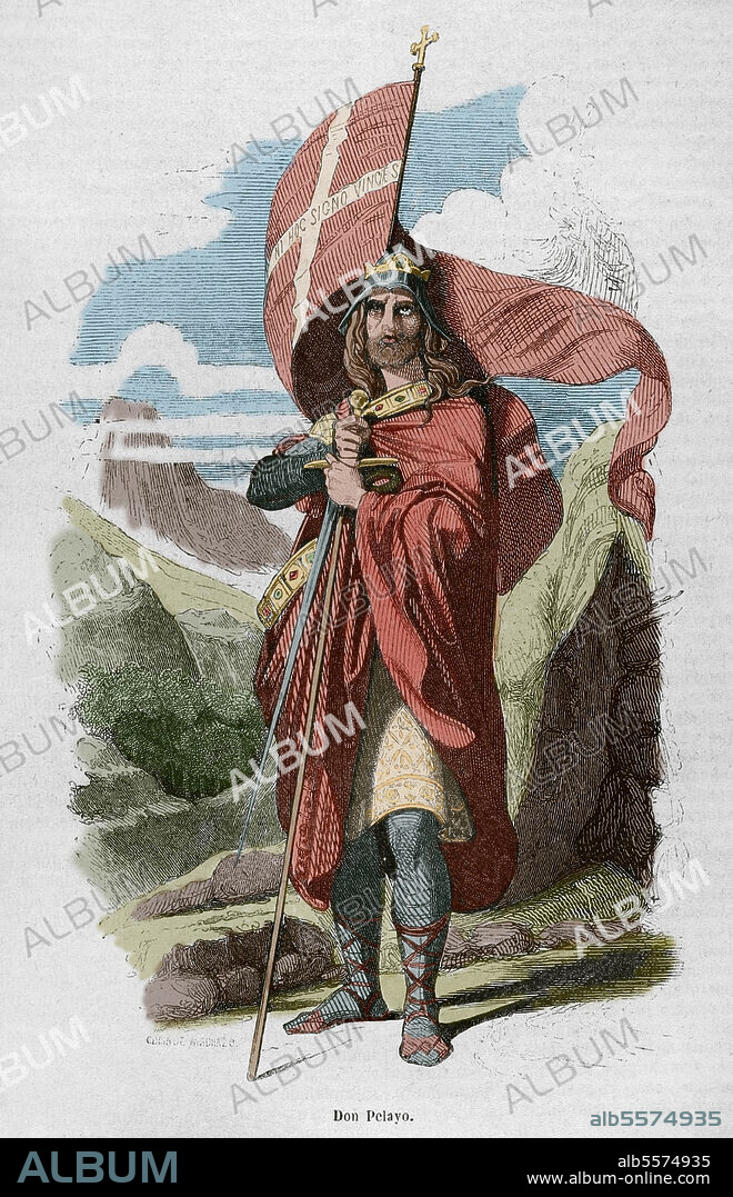 Pelagius of Asturias (c. 685-737). Visigoth nobleman, leader of the Asturian rebellion (718-737) against the Muslim power and winner in the Battle of Covadonga. First monarch of the Kingdom of Asturias. Engraving after a copy of Madrazo. Later colouration. Historia General de España by Father Mariana. Madrid, 1852.
