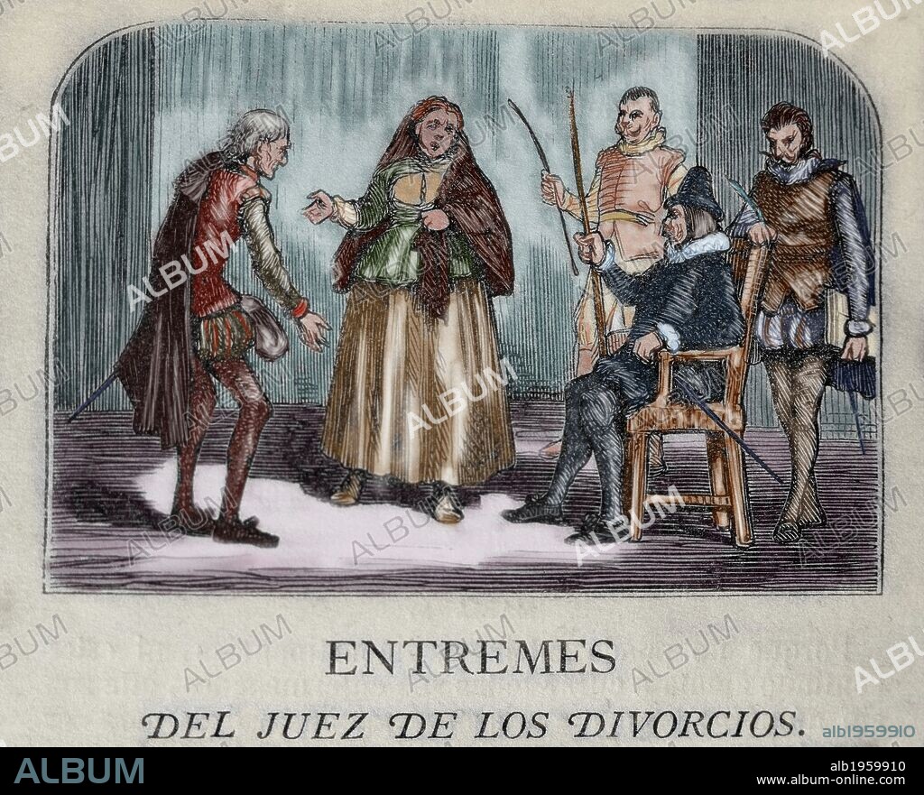 LITERATURA CASTELLANA. SIGLOS XVI-XVII. CERVANTES, Miguel de (Alcalá de Henares, 1547Madrid, 1616). Escritor español. "ENTREMESES-DEL JUEZ DE LOS DIVORCIOS". Grabado coloreado con la representación del inicio del Entremés, de 1868.