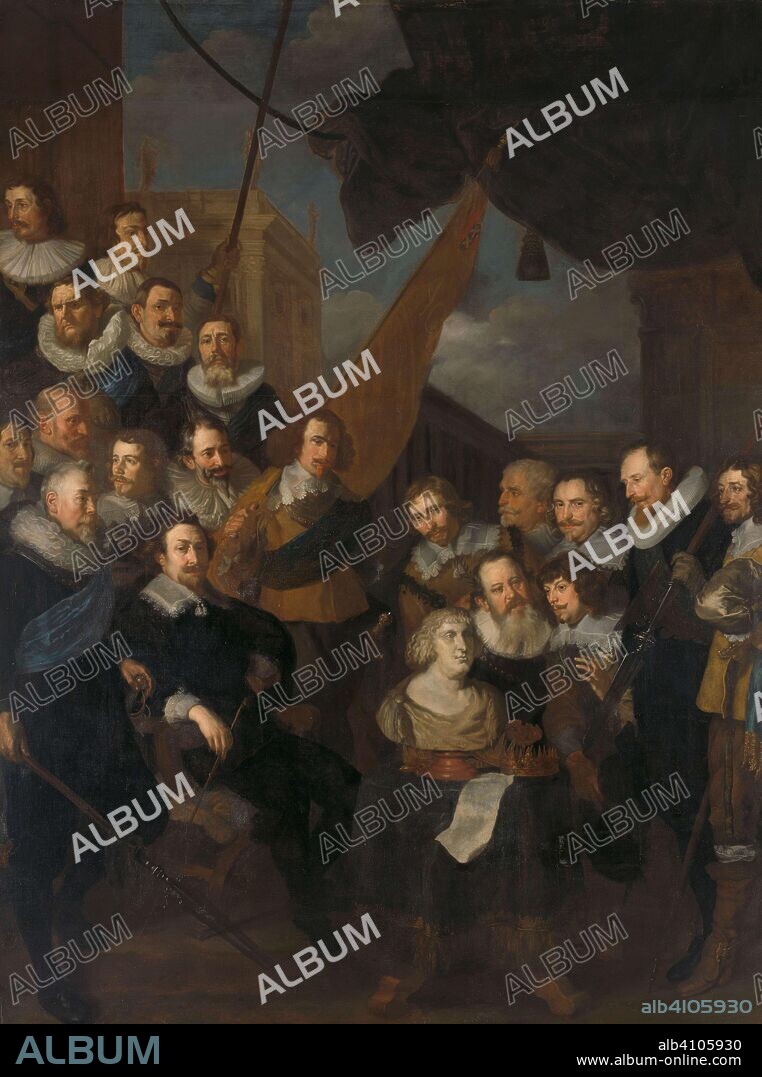 JOACHIM VON SANDRART. Officers and other shooters of neighborhood XIX in Amsterdam under the leadership of Captain Cornelis Bicker and Lieutenant Frederick van Banchem, ready for the reception of Maria de 'Medici, Queen Widow of France, in September 1638. Dating: 1640. Measurements: h 343 cm × w 258 cm × h 363 cm × w 277 cm × t 10 cm.