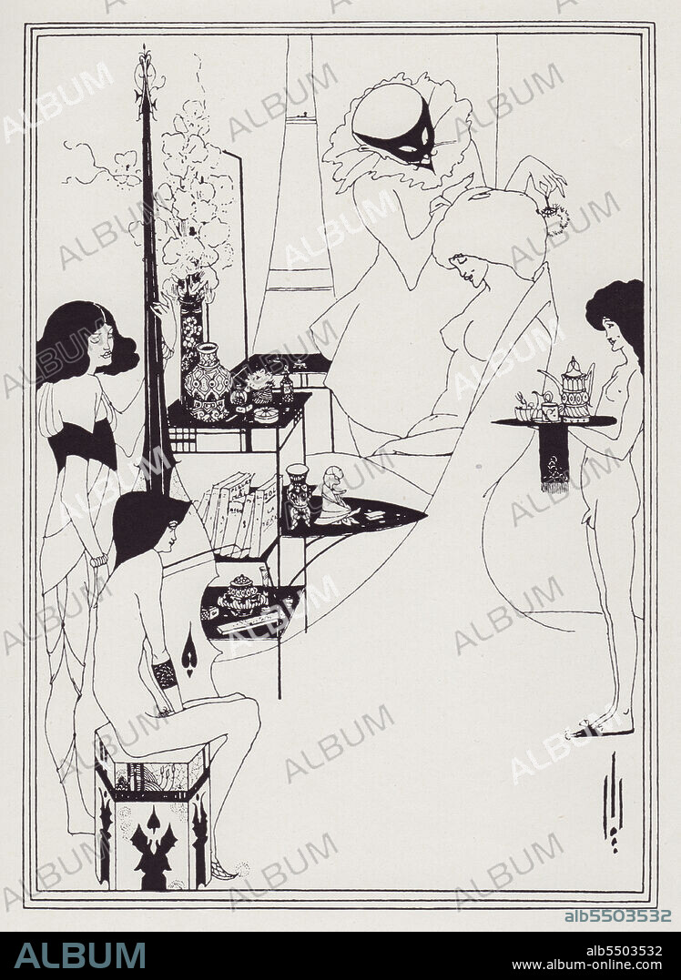 AUBREY BEARDSLEY. The Toilette of Salome, I, 1893. A naked Salome sits in front of a mirror as a masked figure tends to her hair. A page holds a tray of refreshments, while another attendant sits with his hands in his lap, possibly masturbating. Intended as an illustration for "Salome" by Oscar Wilde, [John Lane, 1894], but suppressed. From "The Best of Beardsley" edited by R. A. Walker, [The Bodley Head, London, 1948].