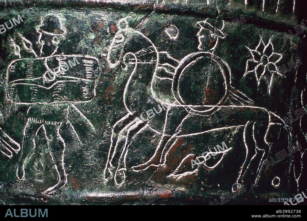 Detail of a bronze situala with Etruscan soldiers and a cavalryman from Certosa, Italy. From the Museo Civico's collection in Bologna, 5th century BC.