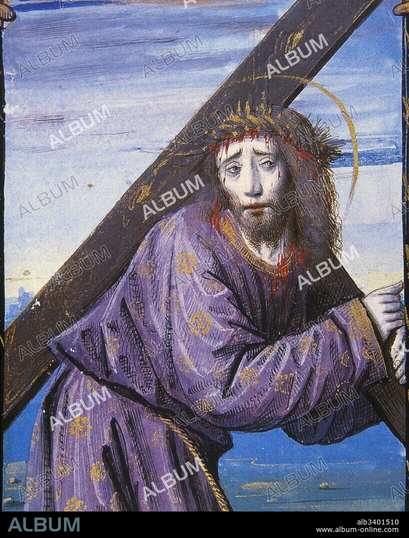 Nuevo Testamento. La Pasión de Cristo. Jesús con la Cruz a cuestas camino del Calvario (Gólgota). De un Libro de Horas (horarium), siglo XV. Miniatura. Museo Condé. Castillo de Chantilly. Francia.