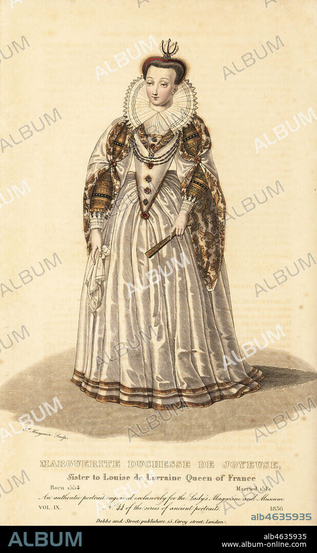Marguerite, Duchesse de Joyeuse, wife of Anne de Joyeuse, sister to Louise de Lorraine, Queen of France, 1564-1625. Handcoloured copperplate engraving by Edward Hargrave from The Lady's Magazine and Museum of the Belles Lettres, Fine Arts, Drama, Fashions, etc., Vol. IX, Dobbs, London, 1836.