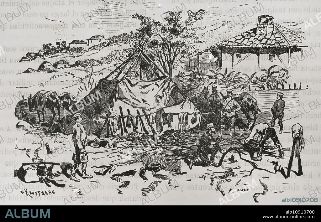 Guerra Ruso-Turca (1877-1878). Puesto de cosacos en Voinis. Grabado por Kauffmann. "La Guerra de Oriente". Tomo II. 1877.