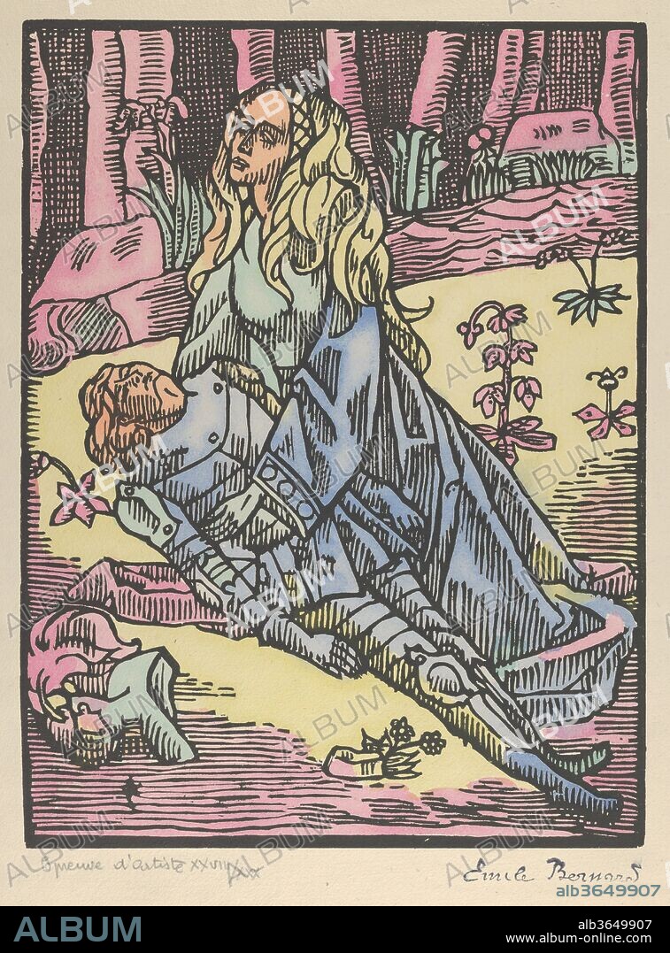 EMILE BERNARD. Death of the Horseman or Brandemart Crying (Roland Furieux). Artist: Émile Bernard (French, Lille 1868-1941 Paris). Dimensions: Plate: 15 3/4 × 11 13/16 in. (40 × 30 cm)
Sheet: 19 1/8 × 14 1/4 in. (48.5 × 36.2 cm). Date: 1892.
One of ten plates made for an eventual illustrated version of the tale Roland Furieux,  written by Arioste in 1516.