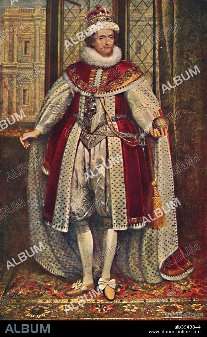 'James I. (Hampton Court Palace)', c1620, (1903). James I and VI (1566-1625). The portrait is part of the Royal Collection Trust, Windsor Castle. From Social England, Volume IV, edited by H.D. Traill, D.C.L. and J. S. Mann, M.A. [Cassell and Company, Limited, London, Paris, New York & Melbourne, 1903].