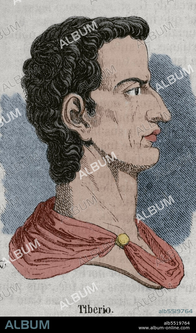 Tiberio (42 a.C-37 d.C). Segundo emperador romano. Dinastía Julio-Claudia. Gobernó entre los años 14 y 37. Retrato. Grabado coloreado. Historia General de España por el Padre Mariana. Madrid, 1852.