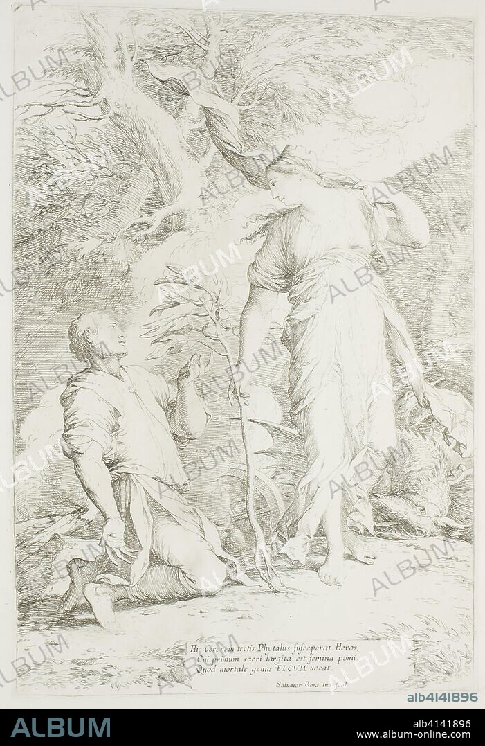Ceres and Phytalus. Salvator Rosa; Italian, 1615-1673. Date: 1657-1667. Dimensions: 352 x 236 mm (image/plate); 464 x 336 mm (sheet). Etching with drypoint in black on ivory laid paper. Origin: Italy.
