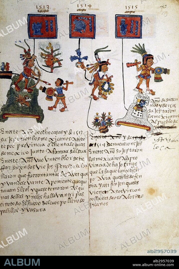 The Codex Telleriano-Remensis produced in Mexico and printed on European paper. A surviving example of Aztec manuscript painting. Its Latinized name comes from Charles-Maurice Le Tellier, archbishop of Reims, who had possession of the manuscript in the late 17th century. Dated 16th Century.