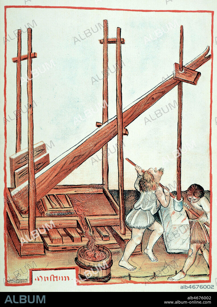 ' Le Mout ' Pressoir a vin au Moyen Age. Lithographie, fac-simile de peinture sur parchemin ' Tacuinum Sanitatis' (tableau de sante : traite de sante, de medecine et d'hygiene un abrégé de santé du XIVe siècle. Ce manuscrit a été écrit et illustré en Italie à la fin du XIVe siècle. C'est la traduction latine d'un manuel arabe d'hygiène, oeuvre d'un médecin de Bagdad), 14eme siecle. Credit : Collection KHARBINE-TAPABOR.