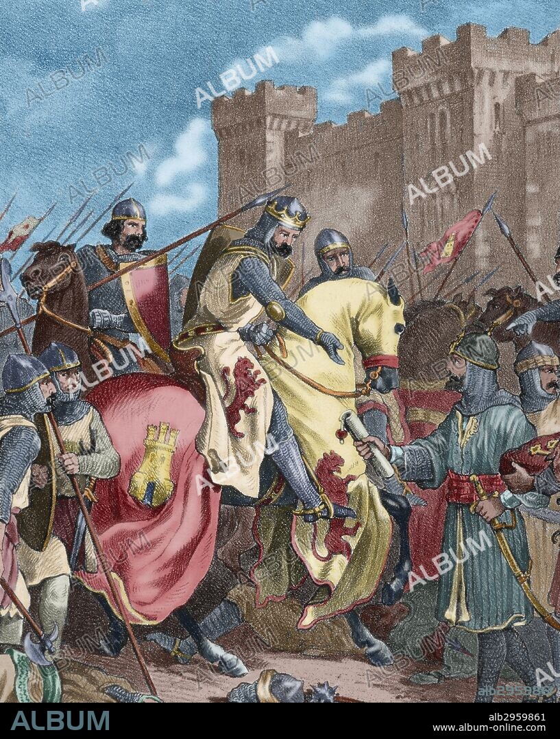 FERNANDO III DE CASTILLA (Zamora, 1201-Sevilla, 1252). Llamado "FERNANDO EL SANTO". Rey de Castilla (1217-1252) y de León (1230-1252). Dirigió las campañas más importantes de toda la Reconquista. En 1236 tomó la ciudad de Córdoba y un poco antes de su muerte logró conquistar Sevilla. En 1671 fue canonizado. "LA RENDICION DE SEVILLA. ENTRADA TRUNFAL DEL REY EN LA CIUDAD". Grabado coloreado del siglo XIX.