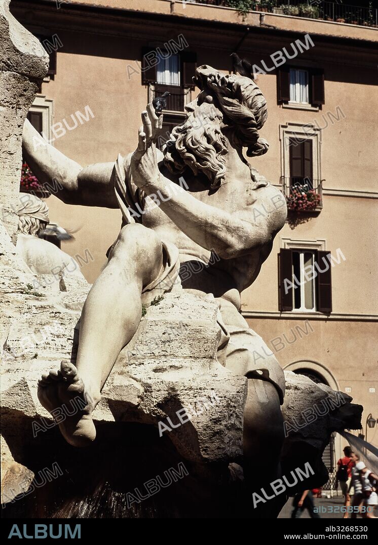 GIAN LORENZO BERNINI. Detalle de la base de la fuente de los Cuatro Rios: El Danubio. Plazza Navona, Roma.