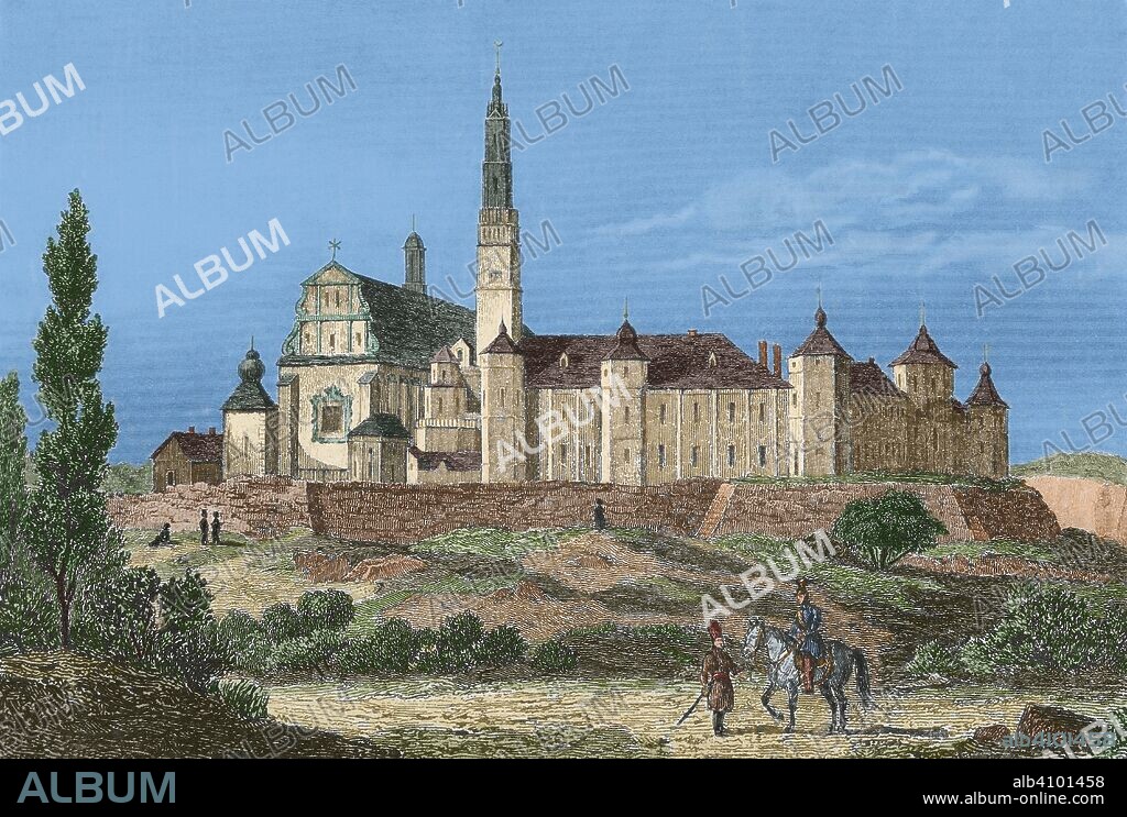 Poland, Czestochowa. Church and convent of Jasna Gora. Monastery. It was founded in 1382 by Pauline monks who was brought from Hungary to Poland by Prince Ladislaus of Opole. Engraving by Lalaisse, 1840. Later colouration.