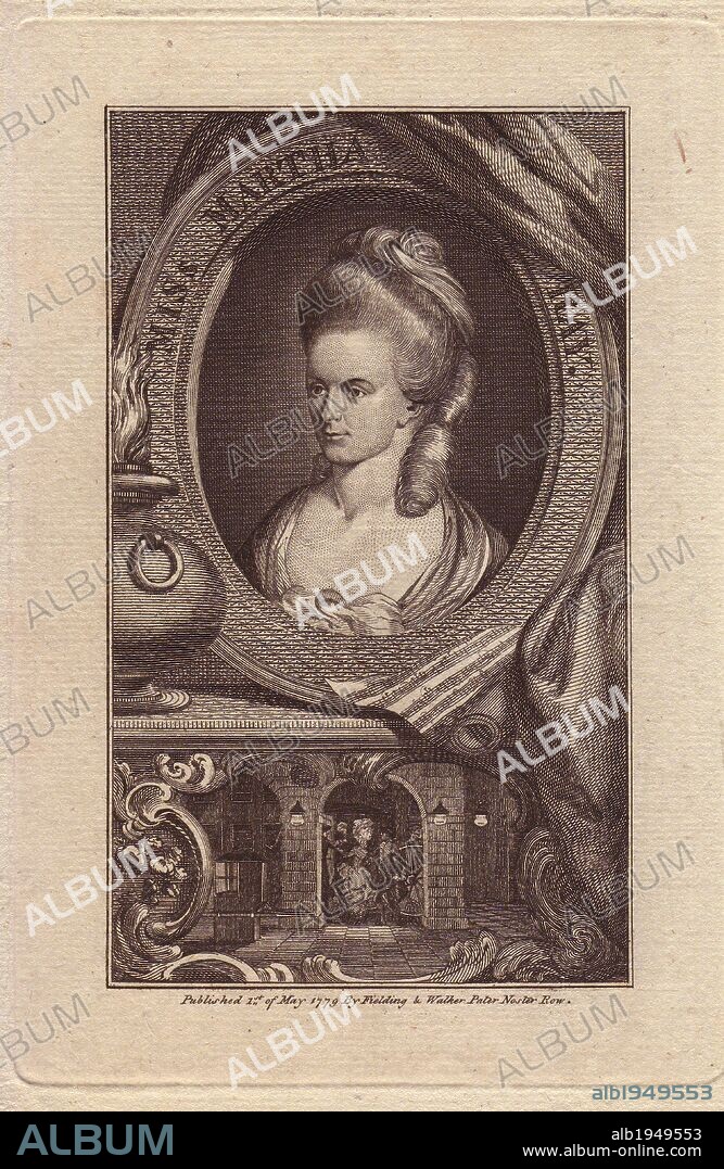 Miss Martha Ray (1742-1779), English singer and actress, mistress to the Earl of Sandwich.. Portrait of the actress within a decorative oval border above a vignette of her murder. She was shot in the head by infatuated admirer James Hackman as she climbed into a coach in Covent Garden.. Copperplate engraving published in 1779.