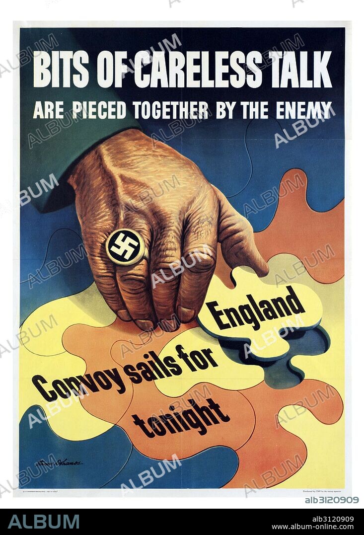 Propaganda Poster from WWII warning against the dangers of 'loose talk' (talking about strategies or troop movements etc). Image shows the 'enemy' piecing together information.
