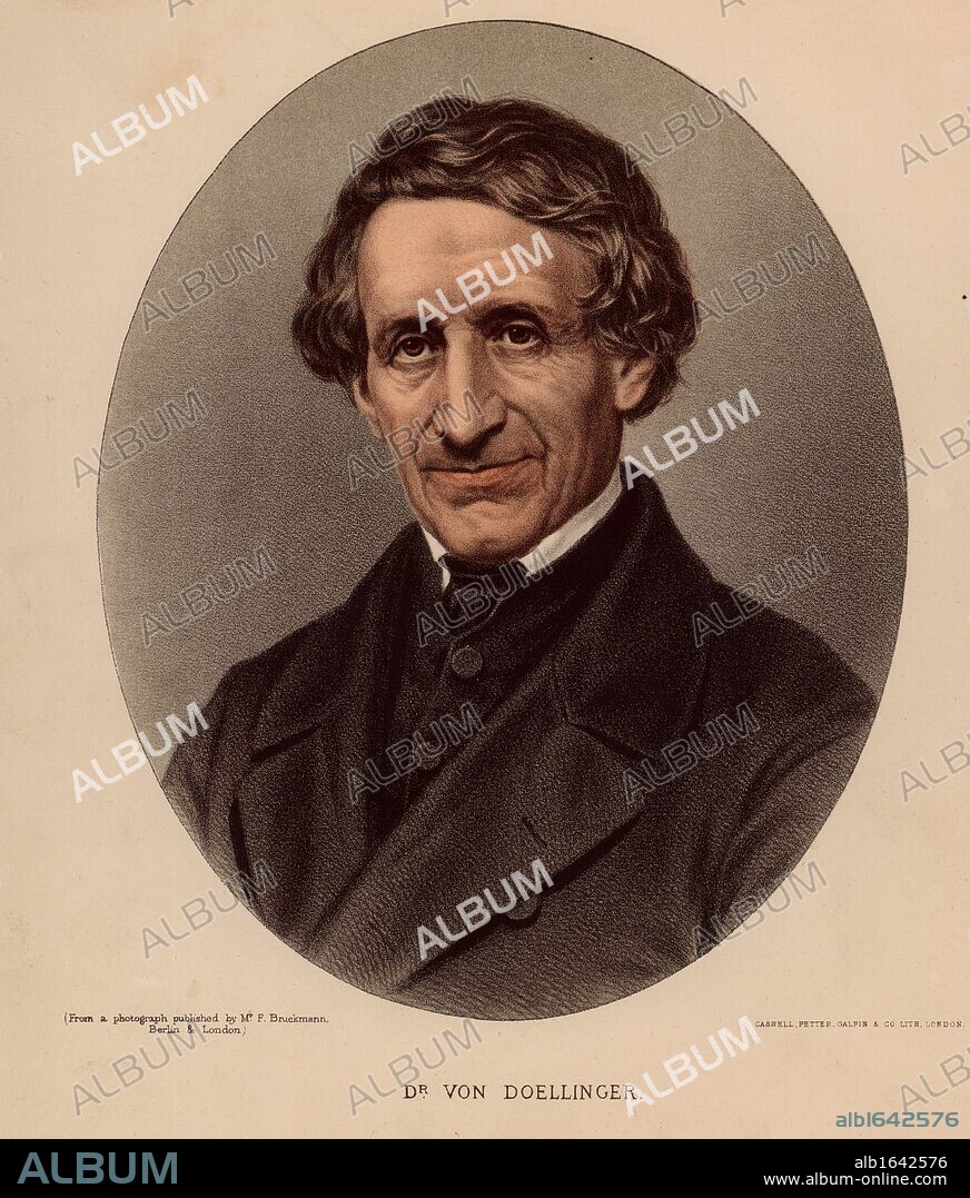 Johan Joseph Ignaz Dollinger or Doellinger (1799-1890), German Roman Catholic theologian, ordained in 1822. Professor of church history and ecclesiastical law, Munich University. He opposed the idea of papal infallibility and refused to accept it when the Vatican Council pronounced it to be a doctrine in 1870.  In 1871 he was defrocked and excommunicated.  The German 'Old Catholics' looked on him as a leader, a role he rejected.  From "The Modern Portrait Gallery" (London, c1880). Tinted lithograph.     (Photo by: Universal History Archive/UIG via Getty Images).