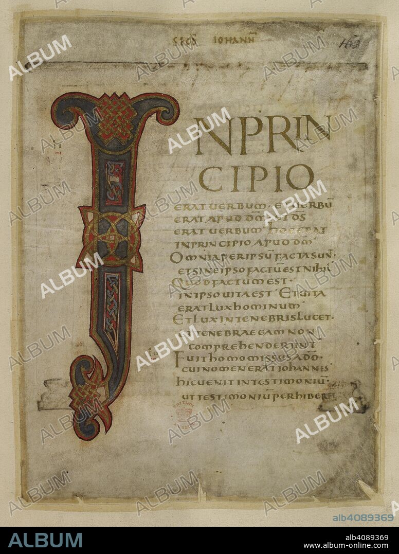 Incipit page to St John's gospel, with decorated initial 'I'. The gospels were possibly a gift from Emperor Otto I of Germany to Athelstan, who presented them to Christ Church, Canterbury; and were used as the Coronation Book of the Anglo Saxon kings. Coronation Gospels. S. Netherlands [Lobbes, near Liege]; circa 875-900. Source: Cotton Tiberius A. II, f.165. Language: Latin.