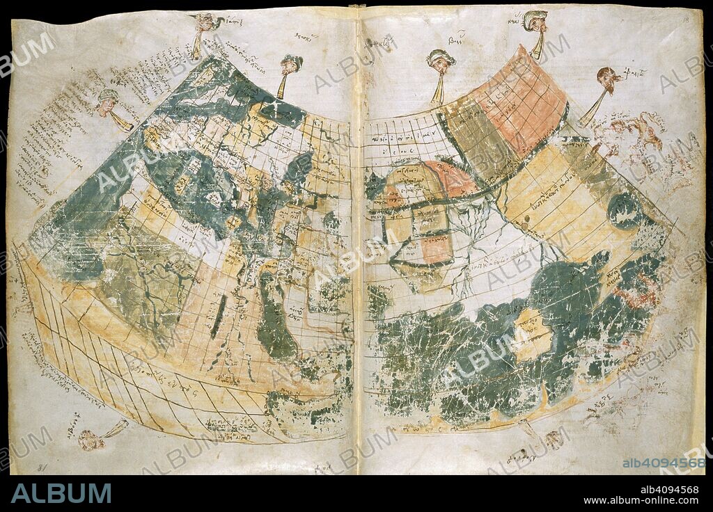 Ptolemy's World Map. Geographia. Greece [Monastery of Vatopedi, Mount Athos]; early. [Whole map] Map of the world; from the British Isles and Europe, the Mediterranean Sea and North Africa, to the Middle East, Arabia, and Asia  Image taken from Geographia.  Originally published/produced in Greece [Monastery of Vatopedi, Mount Athos]; early 14th century. . Source: Add. 19391, ff.17v-18. Language: Greek.