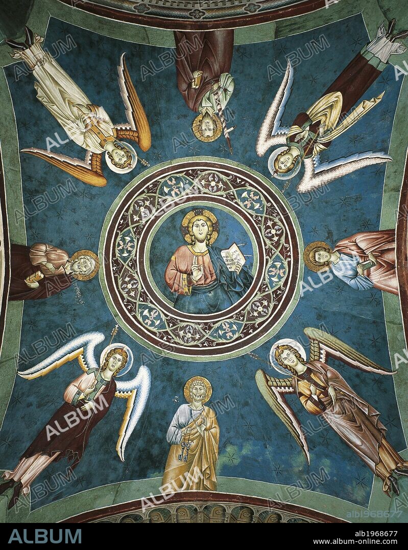 Saints Peter, John the Evangelist, Paul and Andrew surrounded by Angels, 13th century fresco in the first vault of the Lower Church of Sacro Speco Monastery, Subiaco. Italy, 13th century.