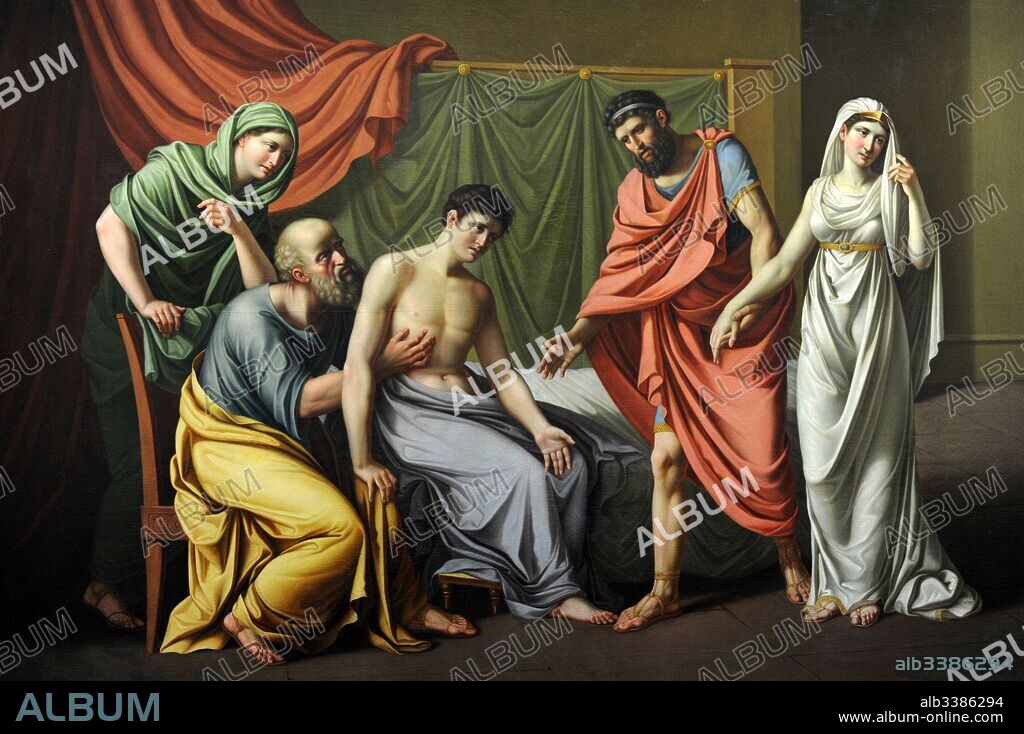 "Antíoco y Stratonice", 1810. Leyenda clásica donde el médico Erasístratus curó al hijo del rey Seleuco, Antíoco, enfermo de amor por su joven madrastra Stratonice. El viejo rey, decidió entregar su joven esposo a su hijo. Obra realizada por el artista polaco-lituano Józef Oleszkiewicz (Juozapas Oleskevicius, 1777-1830). Vilnius Picture Gallery. Vilnius. Lituania.