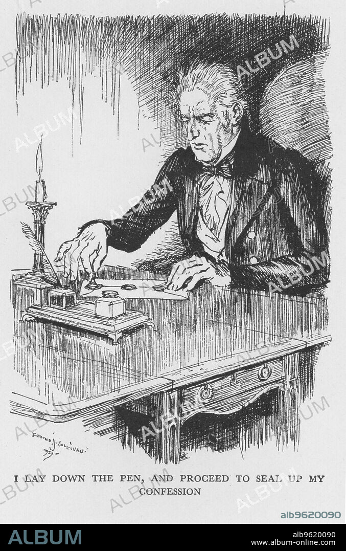 EDMUND JOSEPH SULLIVAN. Scene from The Strange Case of Dr Jekyll and Mr Hyde by Robert Louis Stevenson, 1927.  I lay down the pen, and proceed to seal up my confession.  Dr Jekyll appalled that the result of his experiments has been the murder of Sir Danvers Carew by his alter ego, Mr Hyde, commits to paper his confession to being the same man as Mr Hyde. Jekyll had succeeded in separating out the duality in his nature, Hyde representing pure evil and Jekyll good, but eventually the antidote to the Hyde persona ceases to be effective. From The Strange Case of Dr Jekyll and Mr Hyde by Robert Louis Stevenson. (London, 1927). First published 1886.