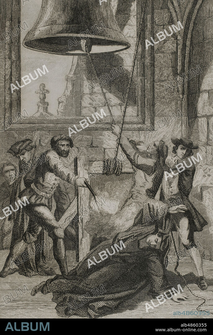 Corona de Aragón. Guerra de Sucesión entre la Casa de Borbón (Felipe V) y la Casa de Habsburgo (Archiduque Carlos de Austria). Asesinato del Conseller en Cap Nicolás de San Juan el 22 de abril de 1706, nombrado coronel de la milicia barcelonesa en 1705. En Barcelona tras la conquista de la fortaleza de Montjuic por parte de las tropas borbónicas, los amotinados seguidores del archiduque acudieron a diversas iglesias para tocar a somatén, entre ellas la de la catedral de Barcelona. La autoridad consistorial trató de atajar esa conducta y mandó el cese de esas acciones, siendo la catedral la única que no obedeció. El Conseller en Cap se dirigío a la torre de la catedral para ordenat en persona el cese de la desobediencia. Un insurrecto disparó al conseller con un trabuco, causando la muerte a Nicolás de San Juan. Grabado. Historia de Cataluña y de la Corona e Aragón, por Victor Balaguer. Barcelona,1863.
