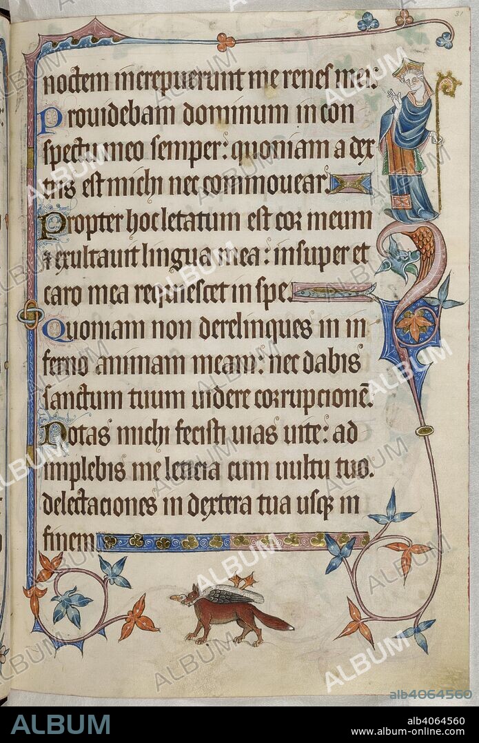 Psalm 15; Fox with goose. Luttrell Psalter. England [East Anglia]; circa 1325-1335. (Whole folio) Text; Psalm 15. Marginal decoration including a bishop with mitre and crozier; In lower margin, a fox carries off a goose.  Image taken from Luttrell Psalter.  Originally published/produced in England [East Anglia]; circa 1325-1335. . Source: Add. 42130, f.31. Language: Latin.