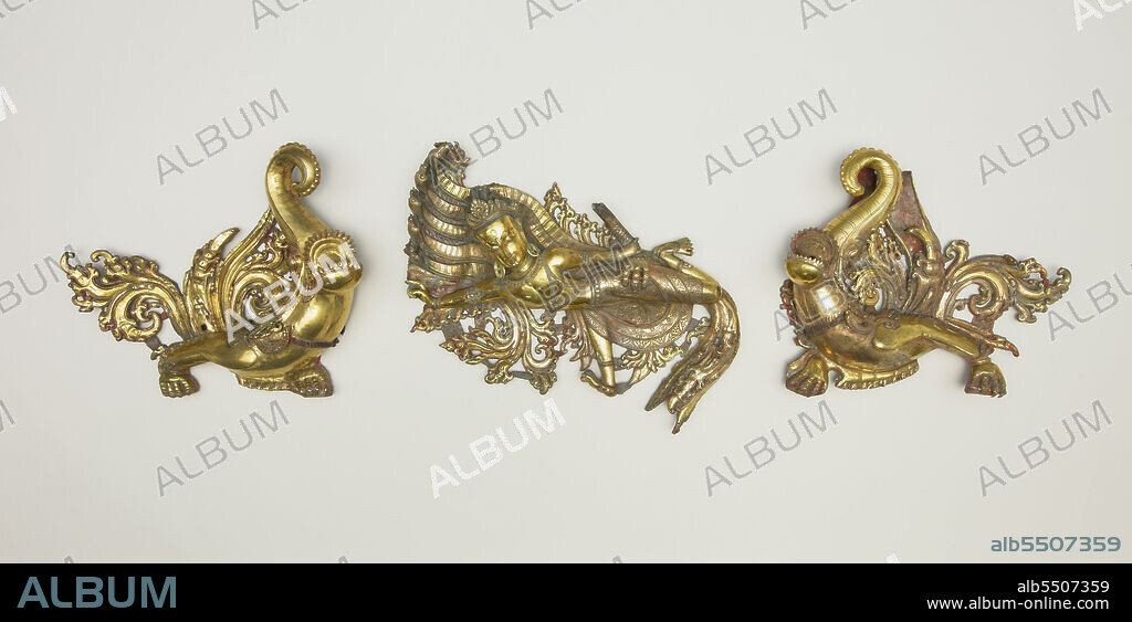 Set of Three Shrine Ornaments with Two Crocodiles (Makara) and a Serpent King (Nagaraja), 16th/17th century.