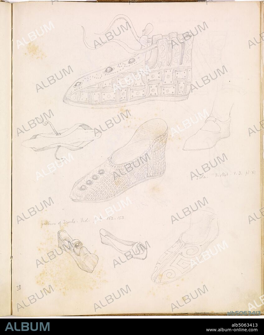 Sketchbook of Byzantine and Romanesque Decoration, 1887-1894 Studies of French shoes Artist: Sir Edward Burne-Jones, 110 sketches of Mediaeval and Byzantine decoration made in connection with studies for the 'Holy Grail' tapestries for Morris & Co., Art Movement, Pre-Raphaelite, Pencil, Sketch, Costume, Shoes, Costume, Boots.