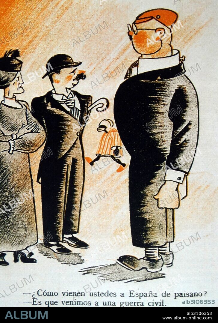 Anti-German cartoon depicting the stealth of the entry of German support for the Nationalist side during the Spanish civil war.